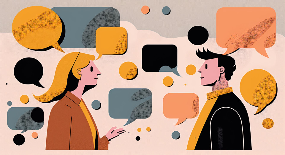 Illustration av två personer som pratar med varandra